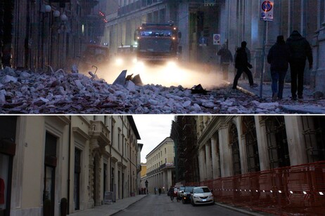 Una calle de L'Aquila, antes y después del terremoto de 2009