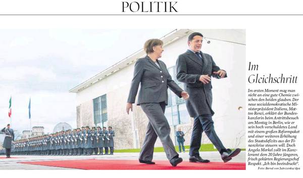 Tagesspiegel sulla visita del Presidente del Consiglio Matteo Renzi a Berlino e l'incontro con la  Cancelliera tedesca Angela Merkel