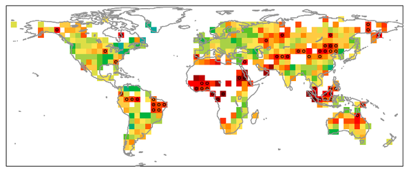 Gli hot spot climatici (in rosso), il circoletto nero indica che il cambiamento è significativo. Il cambiamento è via via meno forte per le aree indicate in arancione, giallo e verde (Cnr)