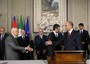 Il presidente del Consiglio, Enrico Letta con il presidente della Republica, Giorgio  Napolitano, durante l'annuncio della squadra dei ministri del nuovo Governo