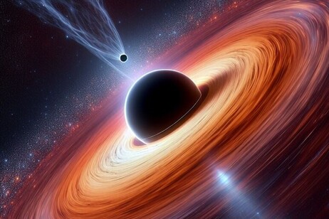 Representación gráfica de un pequeño agujero negro en el disco de materia que rodea un agujero negro.